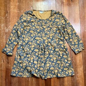 Blue and Yellow Patterned Long Sleeve tunic, size medium